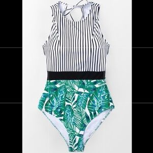 BLACK STRIPED AND LEAFY ONE-PIECE SWIMSUIT